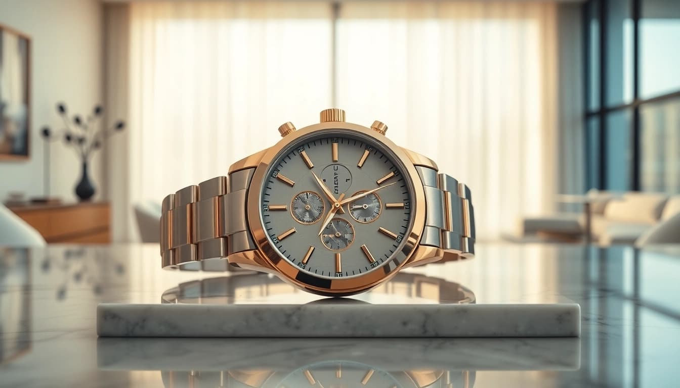 Admiring a detailed replica watch on a marble counter under soft lighting.
