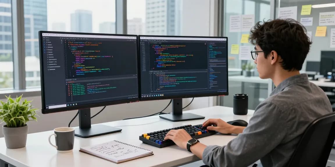 Kobold AI developer in a modern workspace coding on dual monitors with vibrant visuals, enhancing intelligent communication.