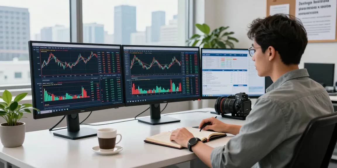 Trader menganalisis pasar di ruang kerja modern, menunjukkan ketelitian kakakjudi dalam trading.