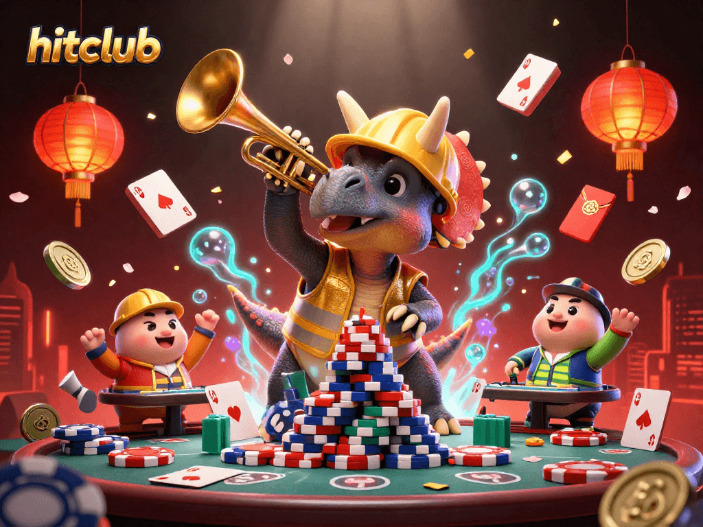 Cheerful hitclub celebration with a triceratops building poker chips while friends celebrate with cards and lanterns
