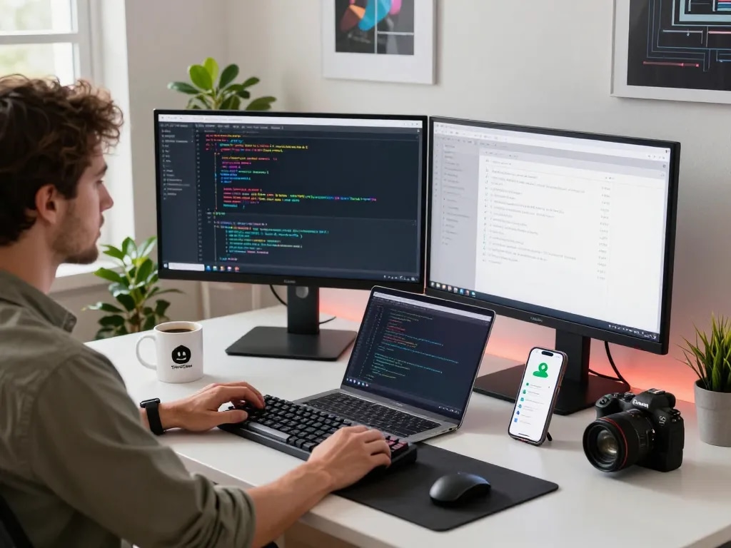 Developer optimizing OpenClaw AI assistant in a modern home office with dual monitors and stylish decor.