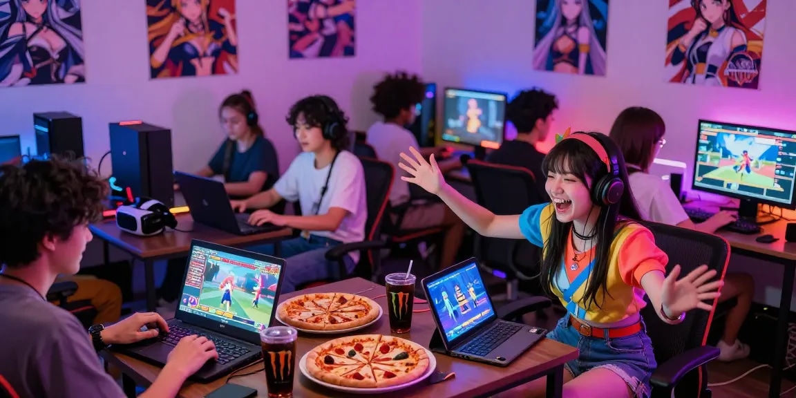 Engaged friends enjoying hentai games in a lively gaming lounge.