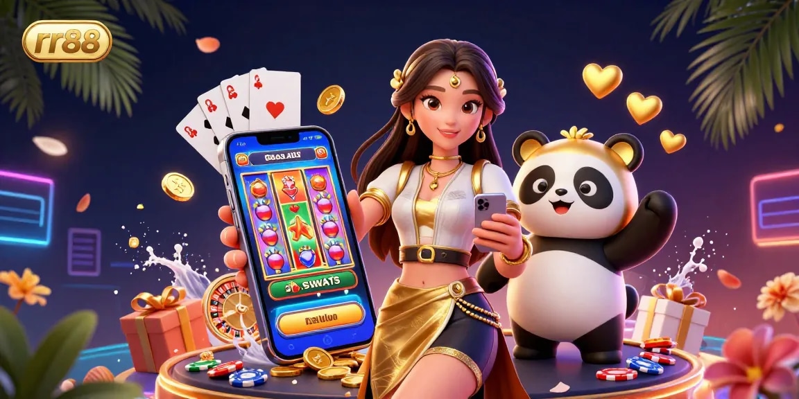 Experience the excitement of rr88 with a vibrant 3D casino scene featuring games, rewards, and fun.