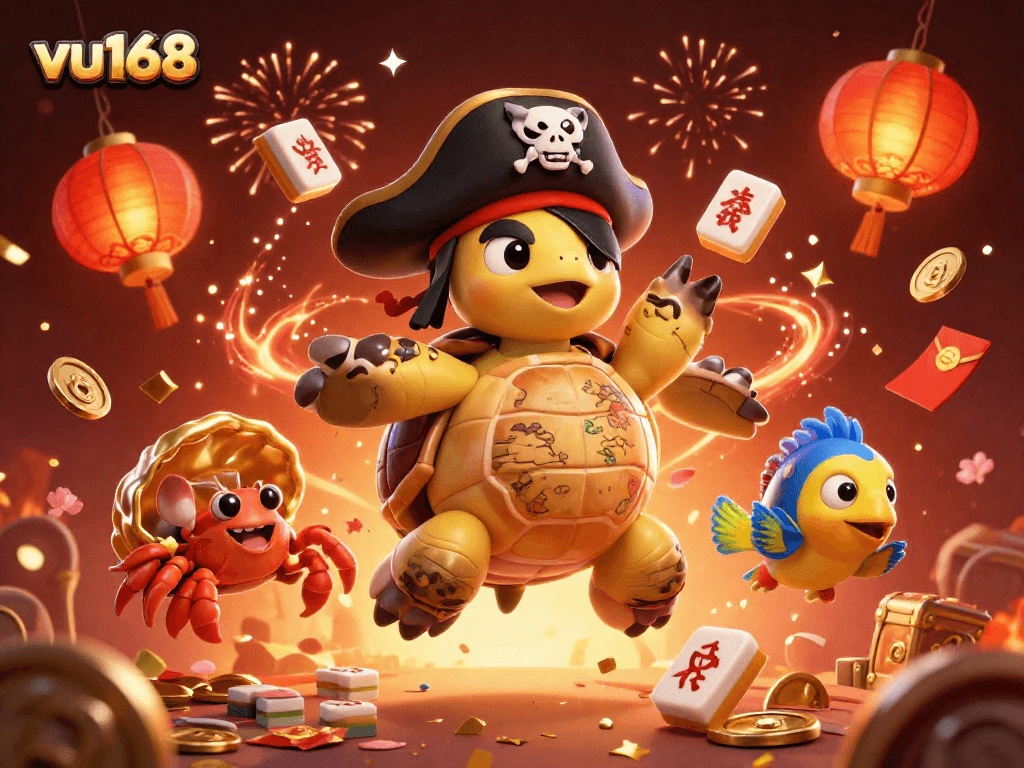 Place your bets with vu168 to uncover treasure in a vibrant online casino adventure with pirate-themed characters.