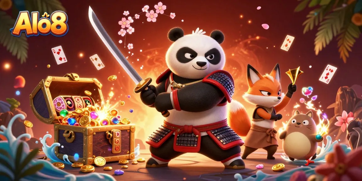 Alo8 immerses players in a vibrant casino world with a samurai panda and ninja fox amidst dynamic gaming elements.