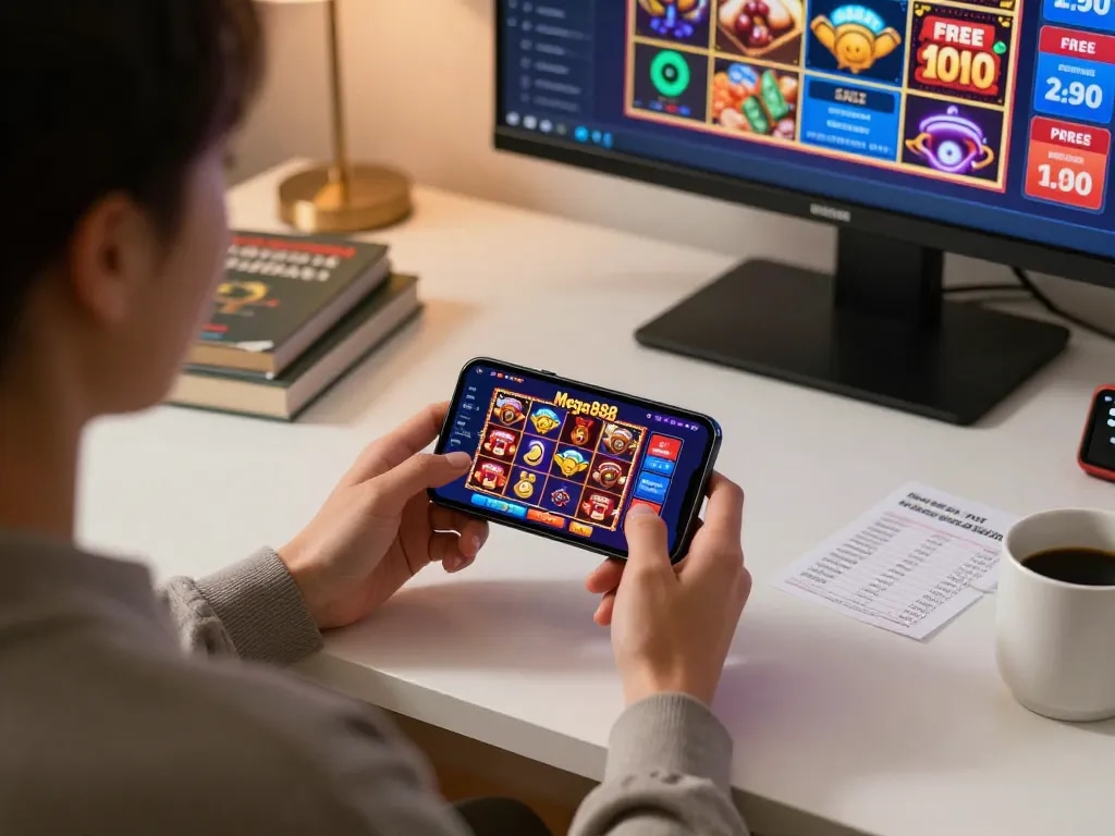 Engaging in online gaming with free credit mega888 through a mobile app in a cozy home setting