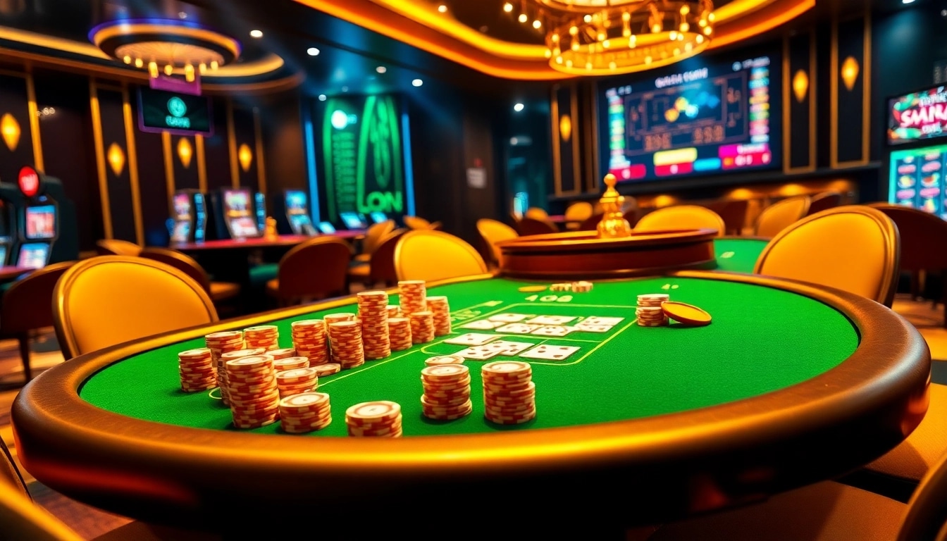 Excited players at LC88 casino table with poker chips, cards, and roulette wheel.