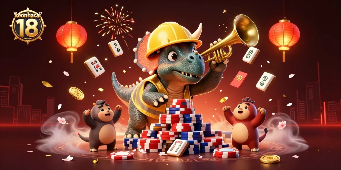 Experience keonhacai 18 as a triceratops builds a poker chip pyramid amidst vibrant gambling elements.