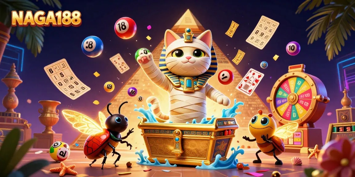 NAGA188 menampilkan ilustrasi kasino dengan mumi kucing, jackpot, dan karakter flamboyan.