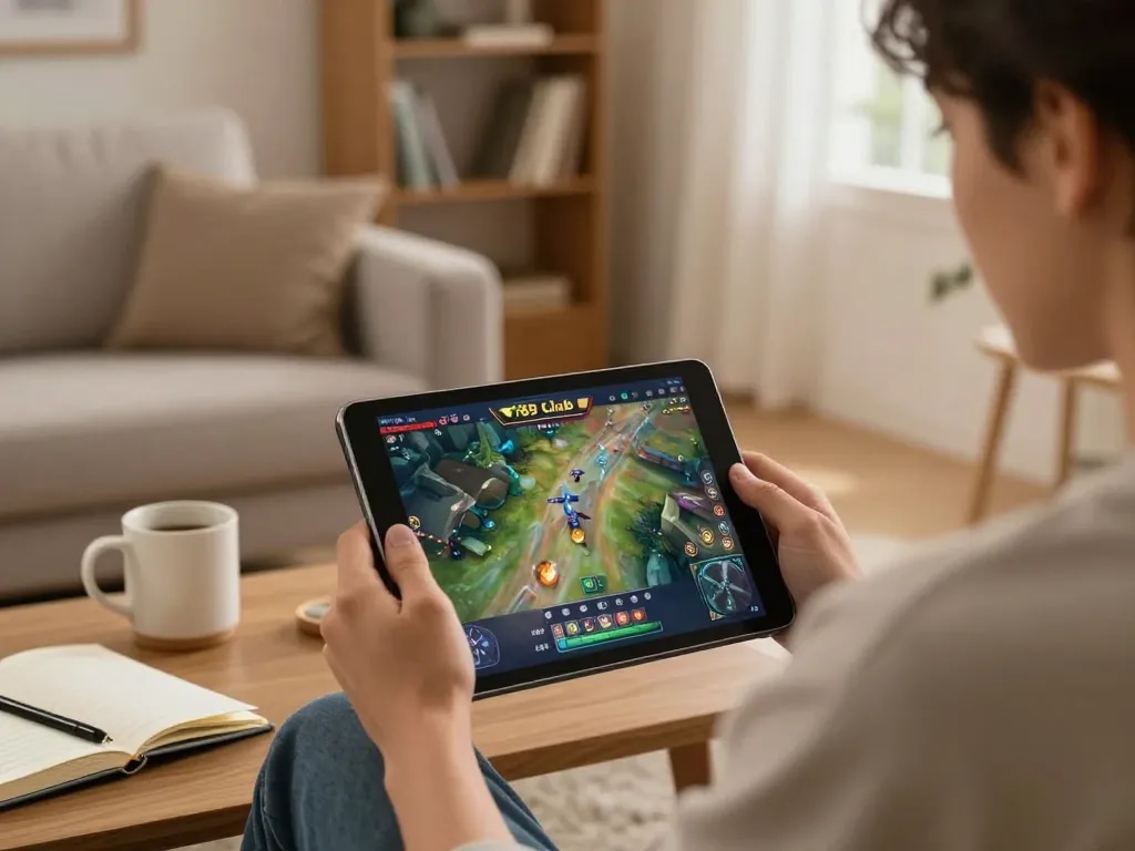 Engaging in gaming strategies at 789 club on a tablet in a cozy setting.