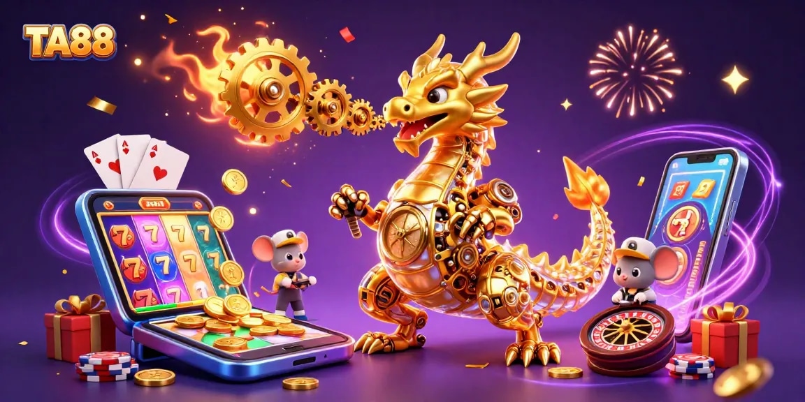 Engage with TA88's magical gaming world featuring a golden dragon and vibrant slot games.