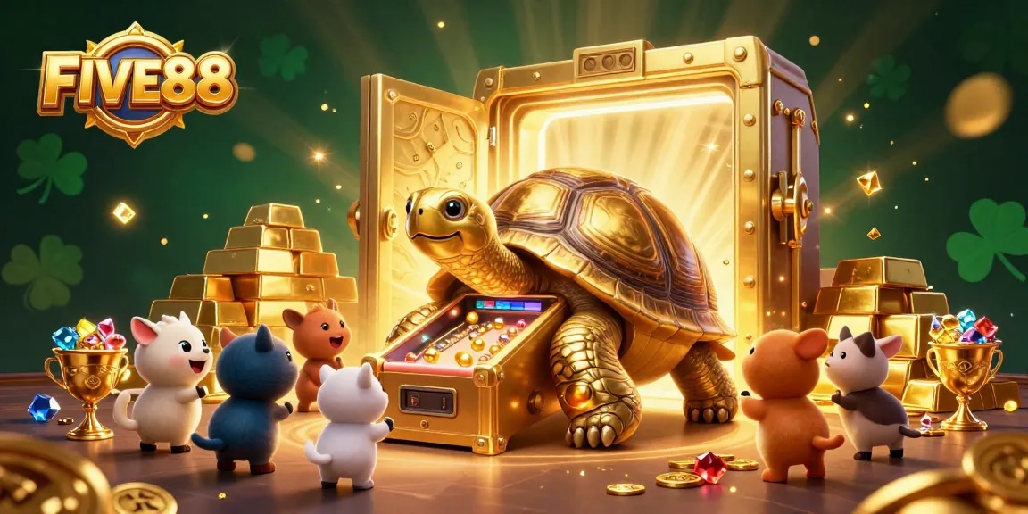Experience excitement at FIVE88 with a golden tortoise pinball machine and treasure vault bursting with riches.