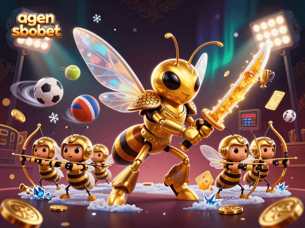Engage with agen sbobet through thrilling sports betting, featuring a dynamic 3D casino scene.