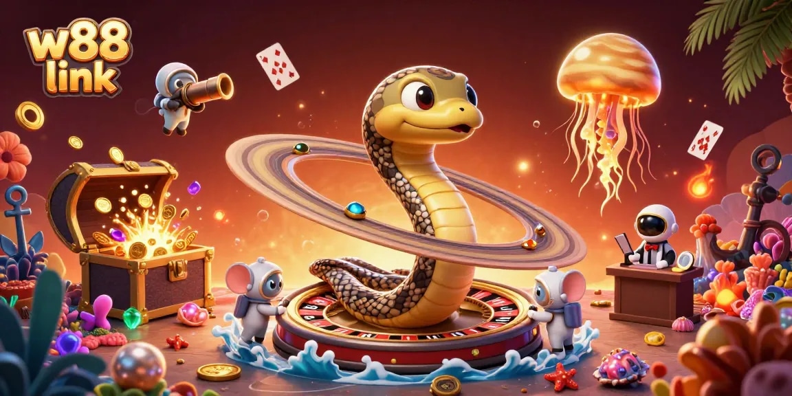 Engage in thrilling bets with W88 link surrounded by vibrant cosmic elements in a captivating 3D illustration.