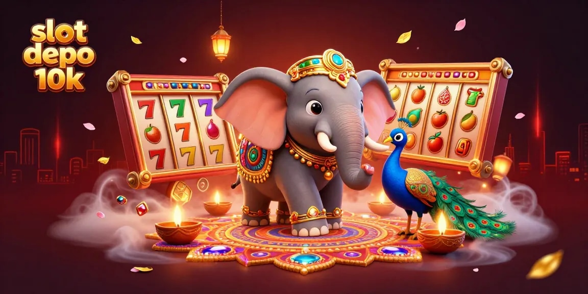 Win big with slot depo 10k in this vibrant casino-themed illustration featuring dynamic elements.