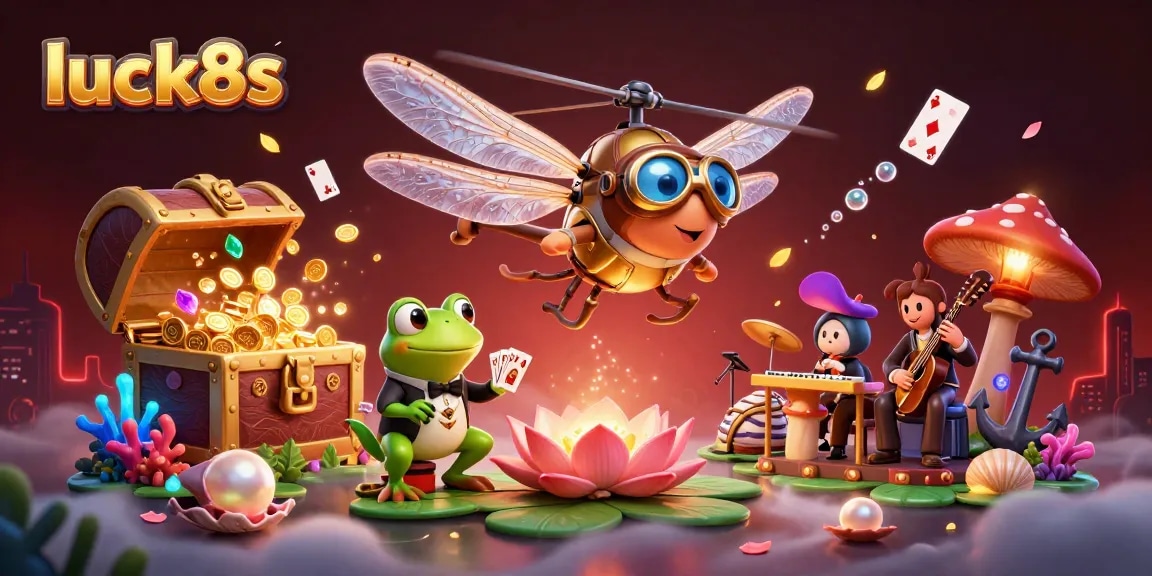 Experience luck8s with an exciting casino scene featuring a dragonfly pilot, frog dealer, and jazz musicians playing cards.