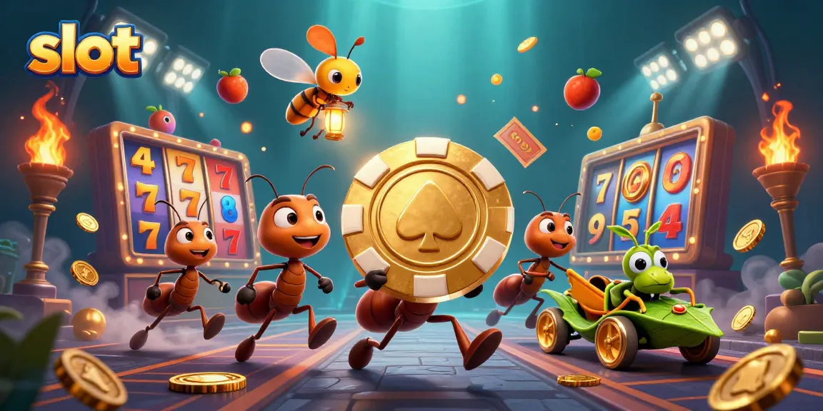 Ants on a heist with a golden poker chip, illustrating the thrill of slot gameplay.