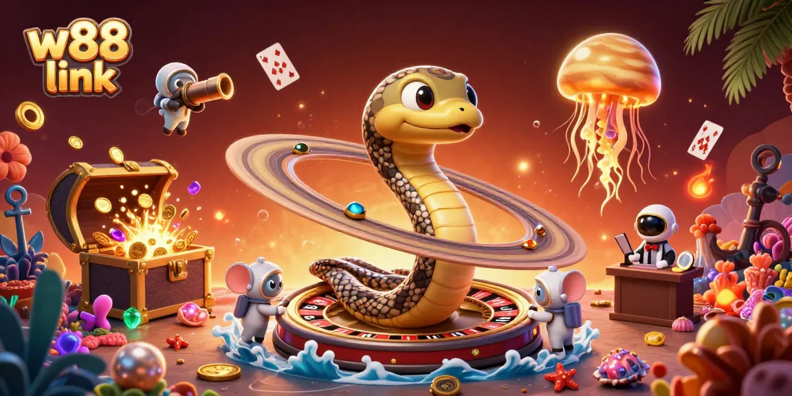 Engage in thrilling bets with W88 link surrounded by vibrant cosmic elements in a captivating 3D illustration.