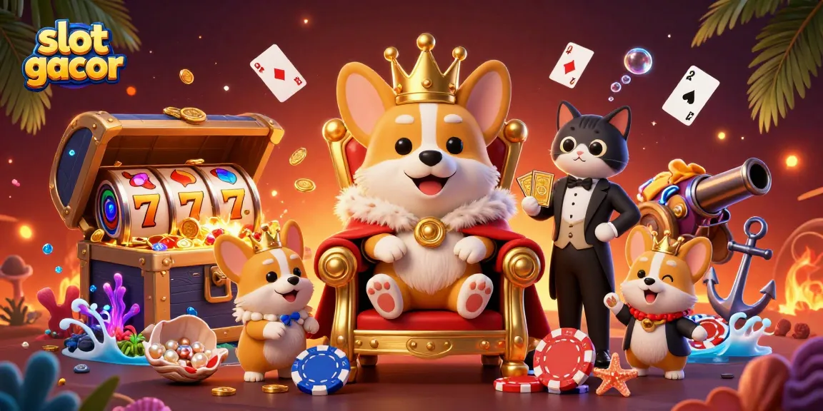 Experience slot gacor thrills with a regal corgi and dynamic gaming elements in this vibrant scene.