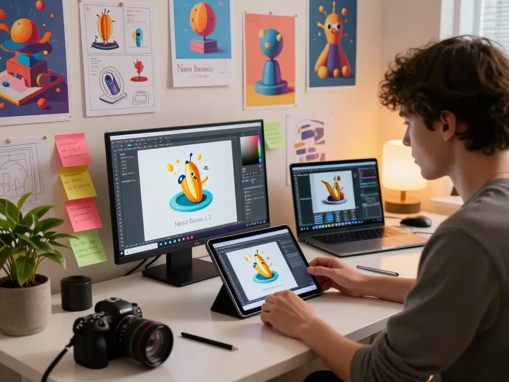 Designer using Nano Banana 2 in a vibrant digital art studio, showcasing AI image editing tools.