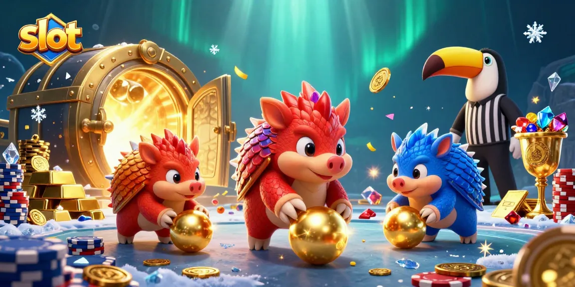 Menangkan jackpot slot dengan pangolins rival yang berbenturan, dikelilingi koin emas dan harta.