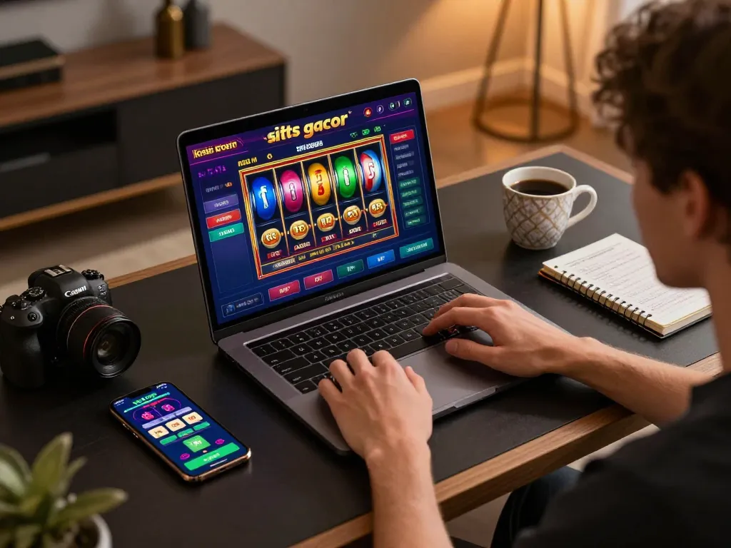 Engaged player enjoying situs gacor online slots on a stylish laptop with gaming strategies visible on the desk.