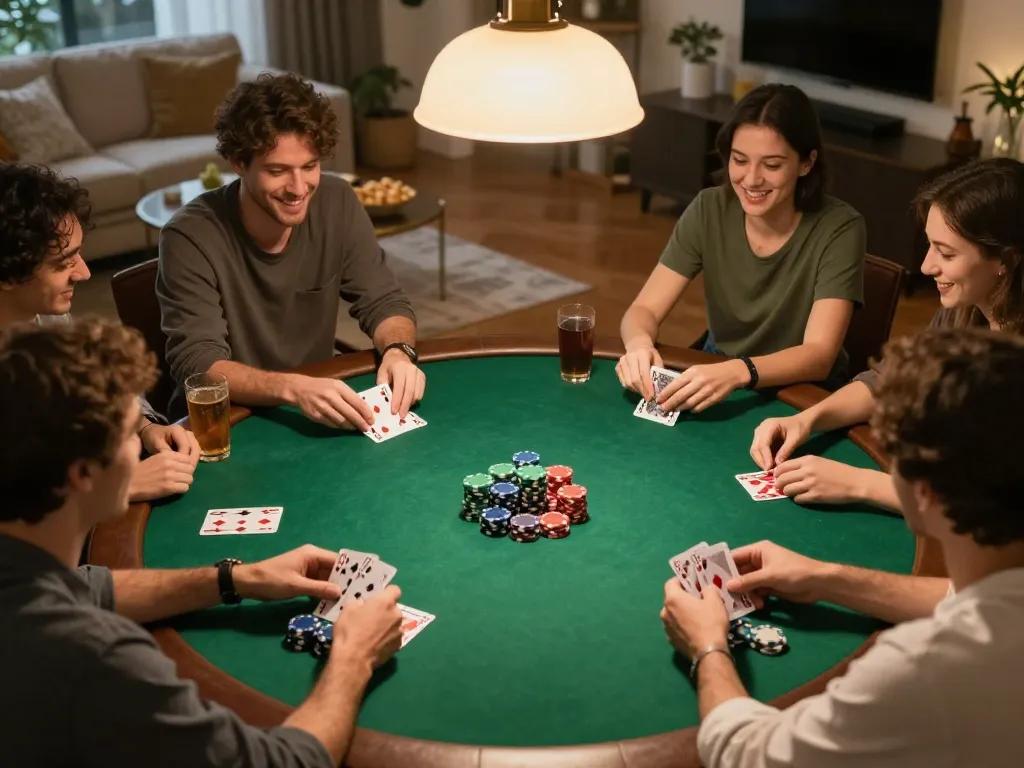 Players enjoying a competitive night of poker at home, strategically placing bets and enjoying snacks during the game, featuring the keyword god55.