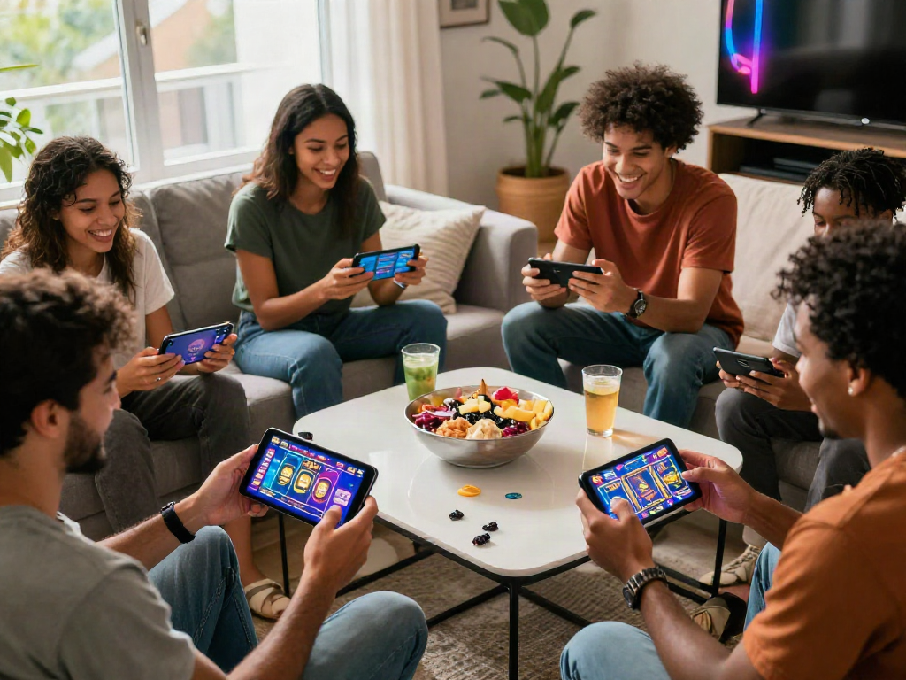 Exciting gaming atmosphere with friends enjoying A80 online casino games on mobile devices.