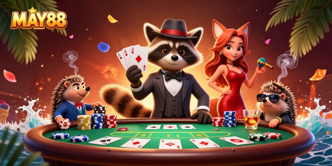 MAY88 showcases a playful raccoon holding a royal flush in a vibrant casino scene packed with poker elements.