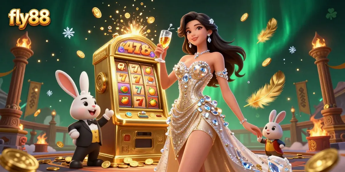 Win big with fly88 at the thrilling jackpot scene featuring a glamorous woman and an animated croupier.