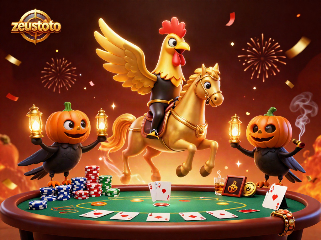 Experience zeustoto's dynamic casino adventure with a golden rooster and spectral horse.