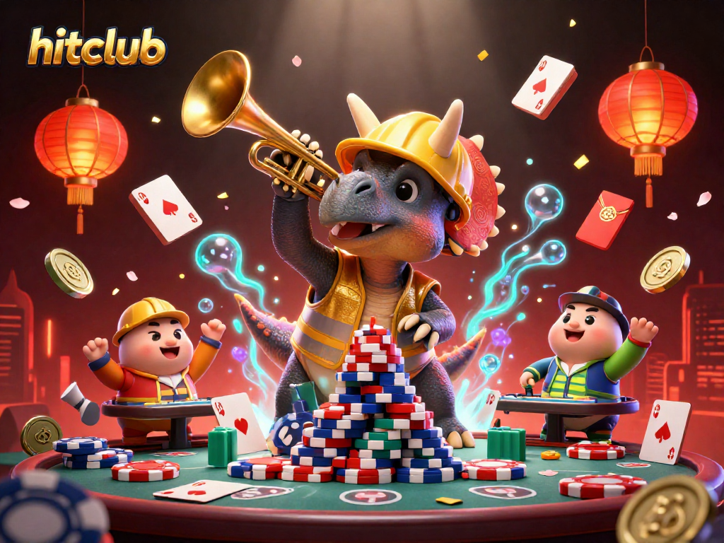 Cheerful hitclub celebration with a triceratops building poker chips while friends celebrate with cards and lanterns