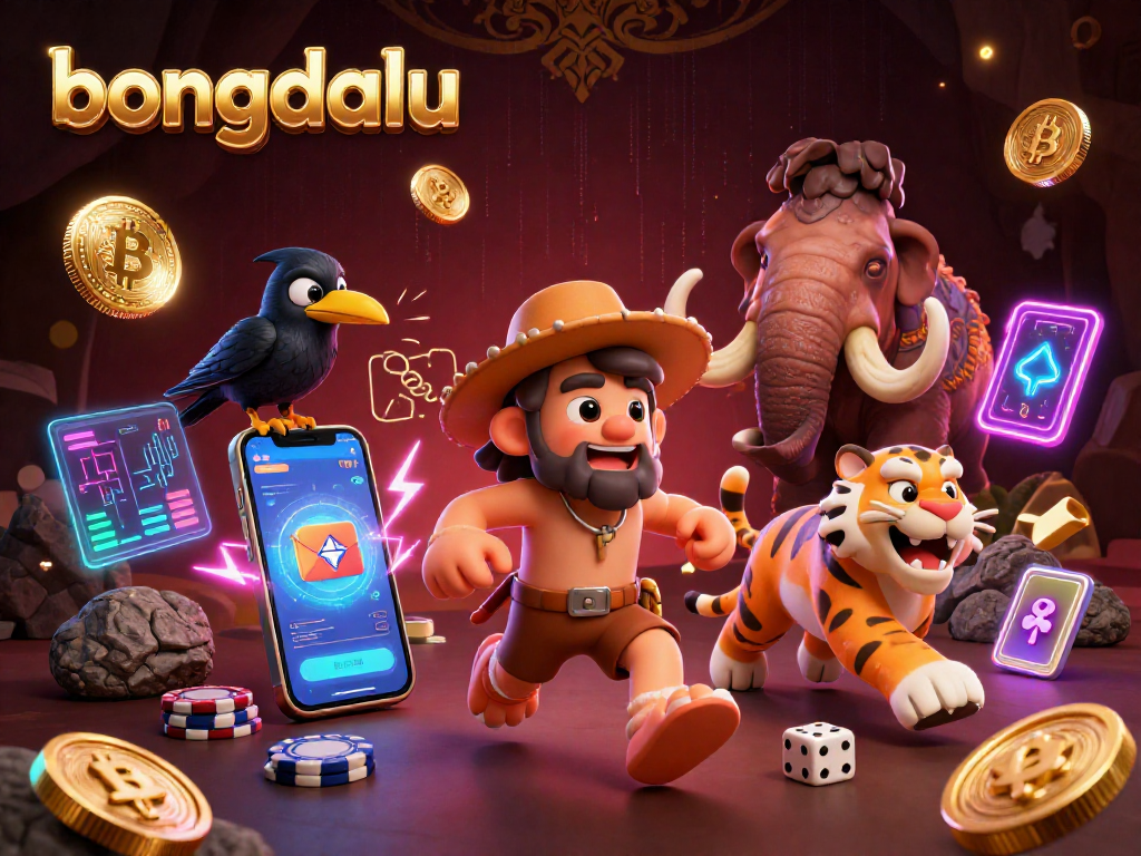 Engage in thrilling gaming at bongdalu with a vibrant prehistoric casino scene featuring unique characters and crypto elements.