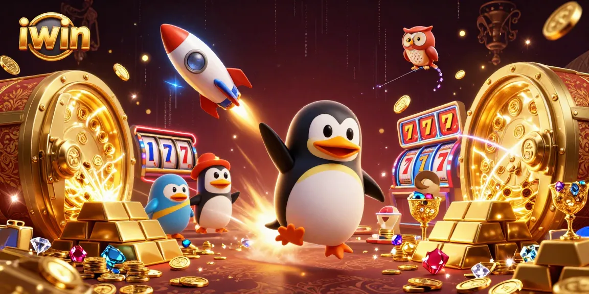 Engage with the vibrant iwin casino scene featuring a golden penguin and rich gambling elements.