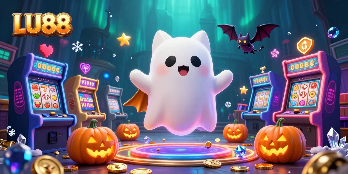 LU88 showcases a vibrant casino scene with a playful ghost cat and vampire bat, highlighting exciting slot action.