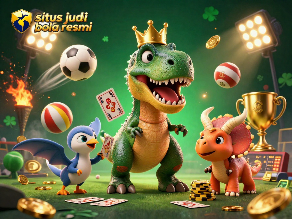 Bettors engage in exciting gameplay at situs judi bola resmi with a T-Rex shuffling cards, surrounded by dynamic sports elements.