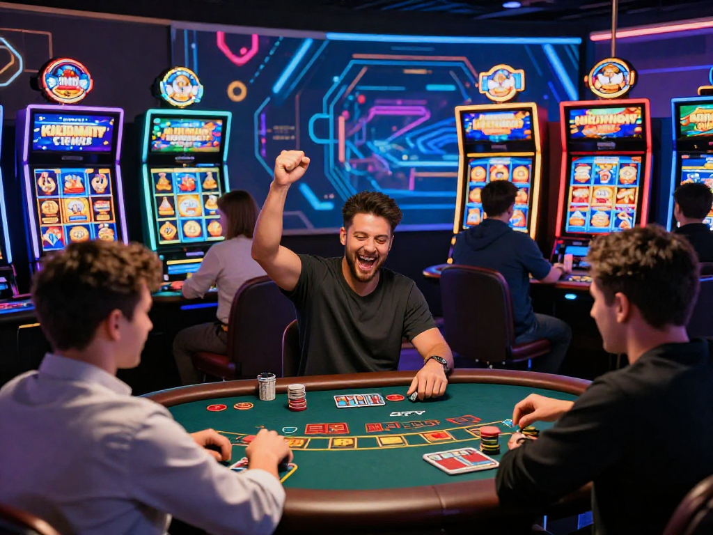 Exciting atmosphere of non UK casinos with players celebrating wins, colorful games, and engaging promotions.