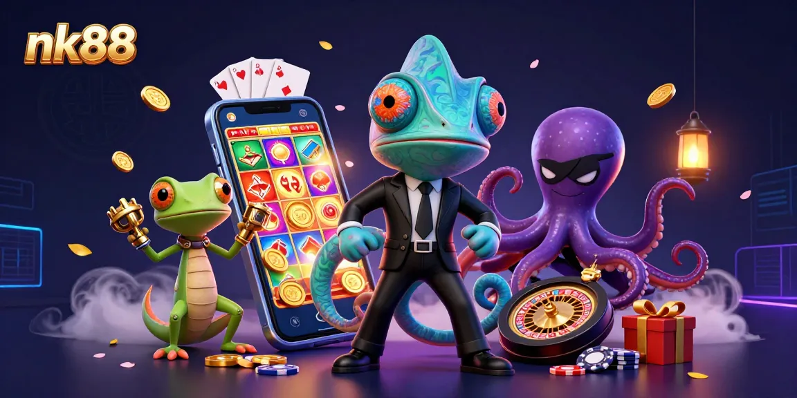 Engage with nk88's thrilling gameplay featuring colorful slot games, dynamic chameleon characters, and vibrant casino elements.