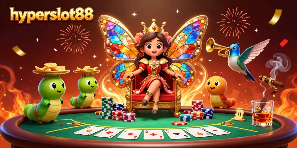 Engage with hyperslot88 as a vibrant casino scene unfolds with a butterfly queen and poker elements.