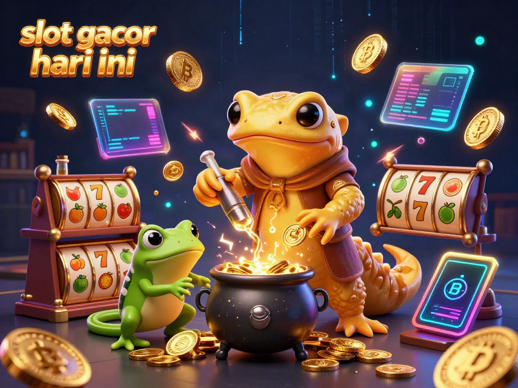 Slot gacor hari ini ditampilkan dengan alkemis dan salamander, dikelilingi simbol permainan dan koin.