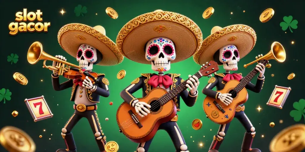 Experience the thrill of slot gacor with dynamic 3D mariachi skeletons surrounded by vibrant slot elements.