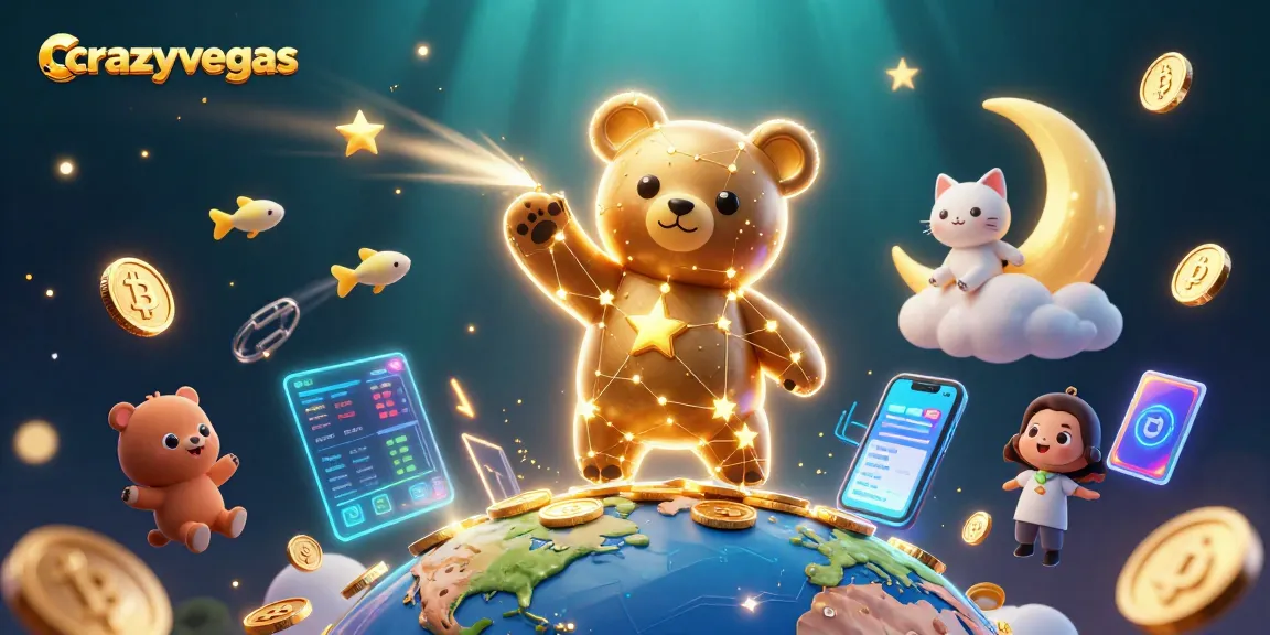 Play to win at crazyvegas with animated golden stars, crypto coins, and lively casino elements.