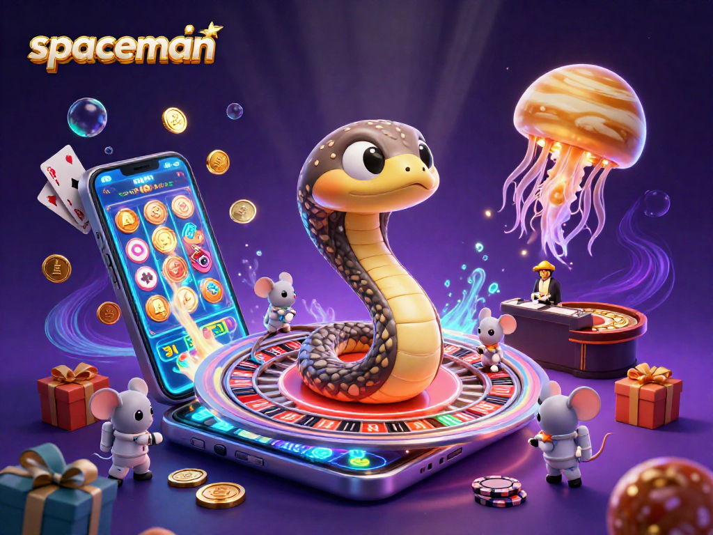 Spaceman-themed casino illustration with astronauts and a glowing jellyfish dealer amidst vibrant gaming elements.