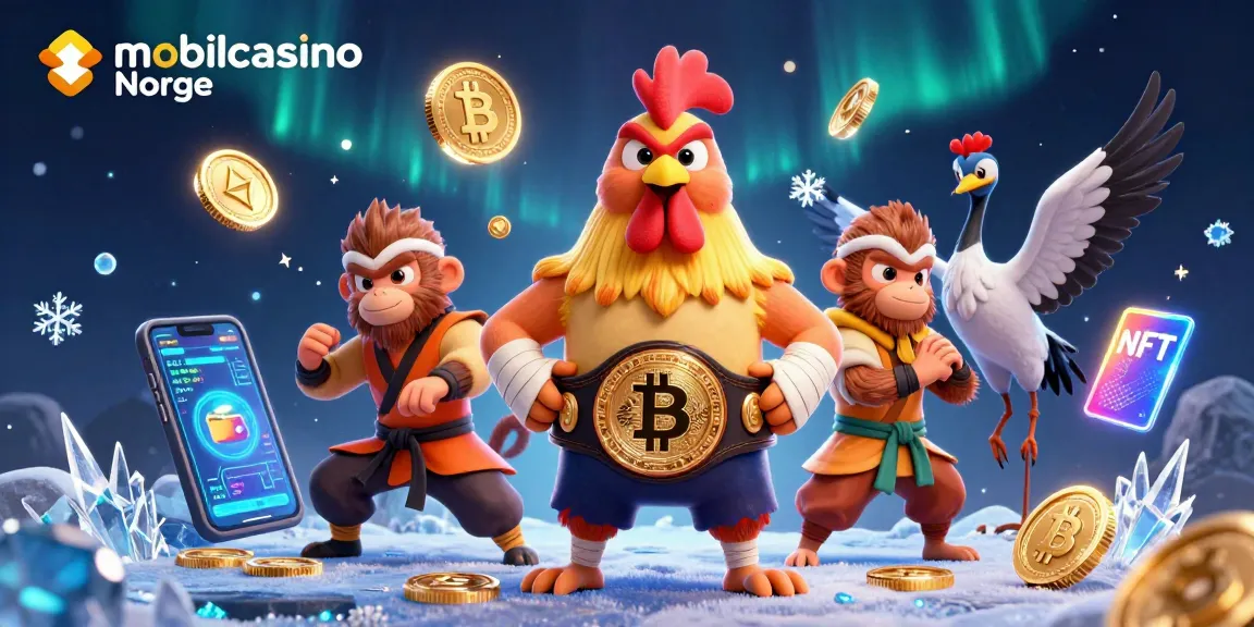 Spill mobilcasino Norge med en kranemester og kampfugler omringet av Bitcoin mynter.