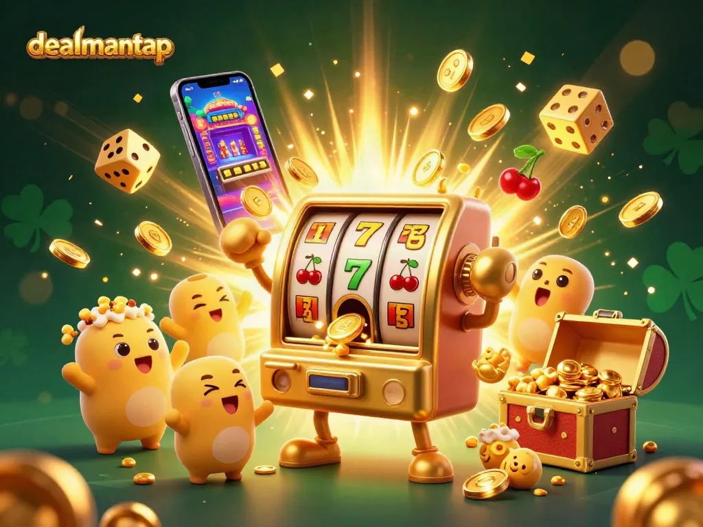 Experience the thrill of winning with dealmantap as a golden slot machine celebrates its jackpot amidst dazzling casino elements.