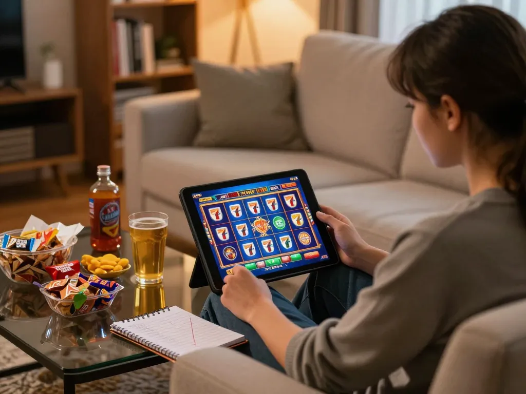 Engaging in slot 777 gameplay on a tablet, surrounded by gaming strategy notes and snacks.