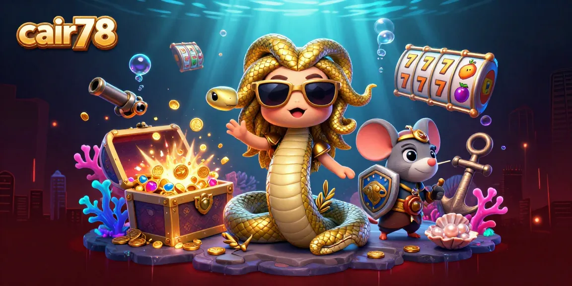 Permainan slot cair78 menampilkan ilustrasi Medusa bersahabat dengan muatan koin emas, simbol keberuntungan, dan sinar cahaya yang menakjubkan.