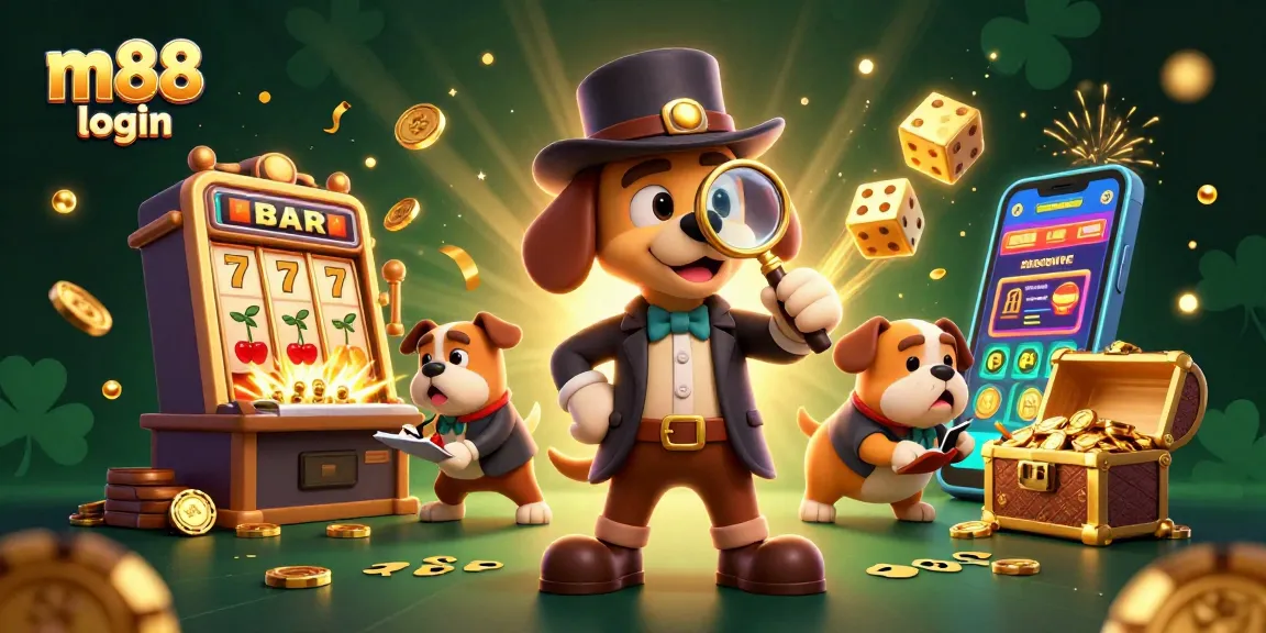 Experience the thrill of m88 login with vibrant 3D casino action featuring a detective and a bulldog, exploring jackpot clues.