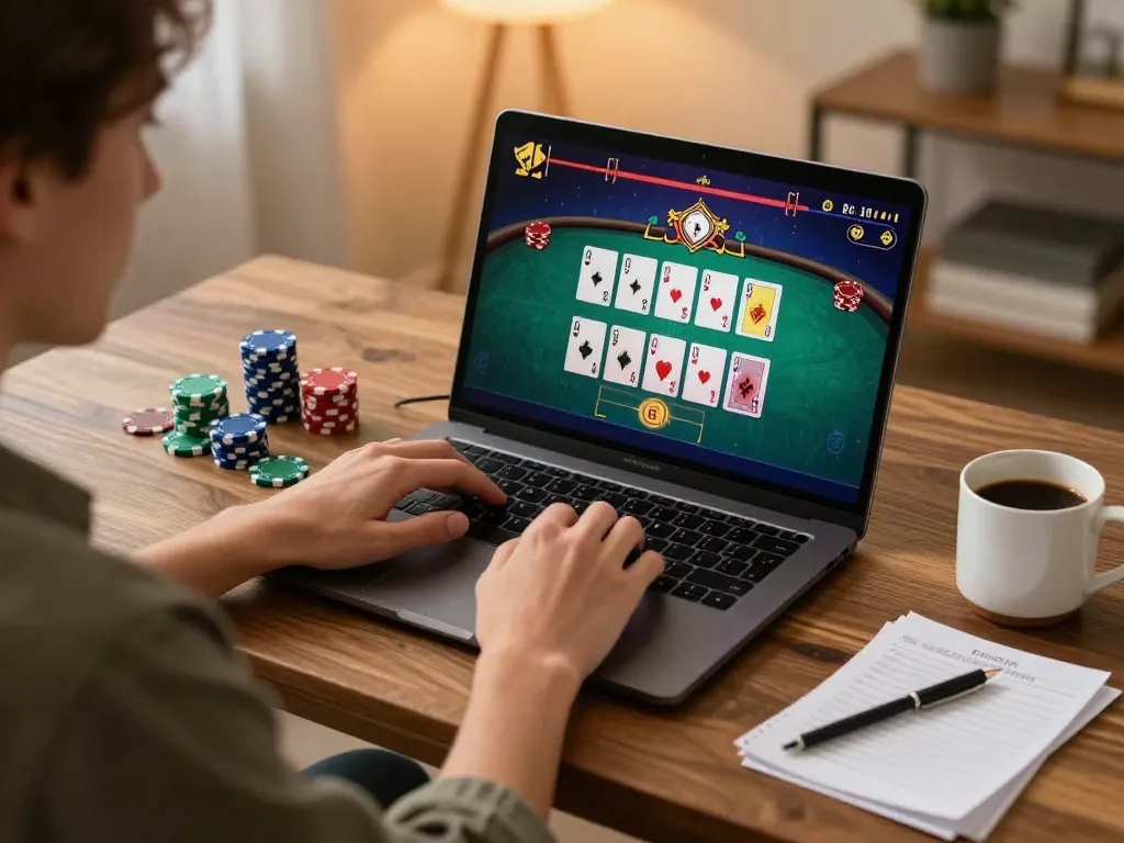 Engaging in strategic blackjack gameplay at CasinoAtlas online platform with vibrant home setup.