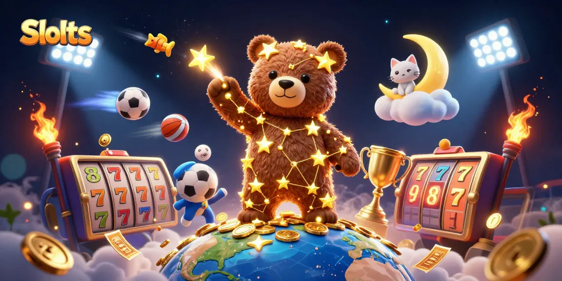 Spin the Slots as the constellation bear scoops coins, surrounded by vibrant casino elements in a magical night scene.
